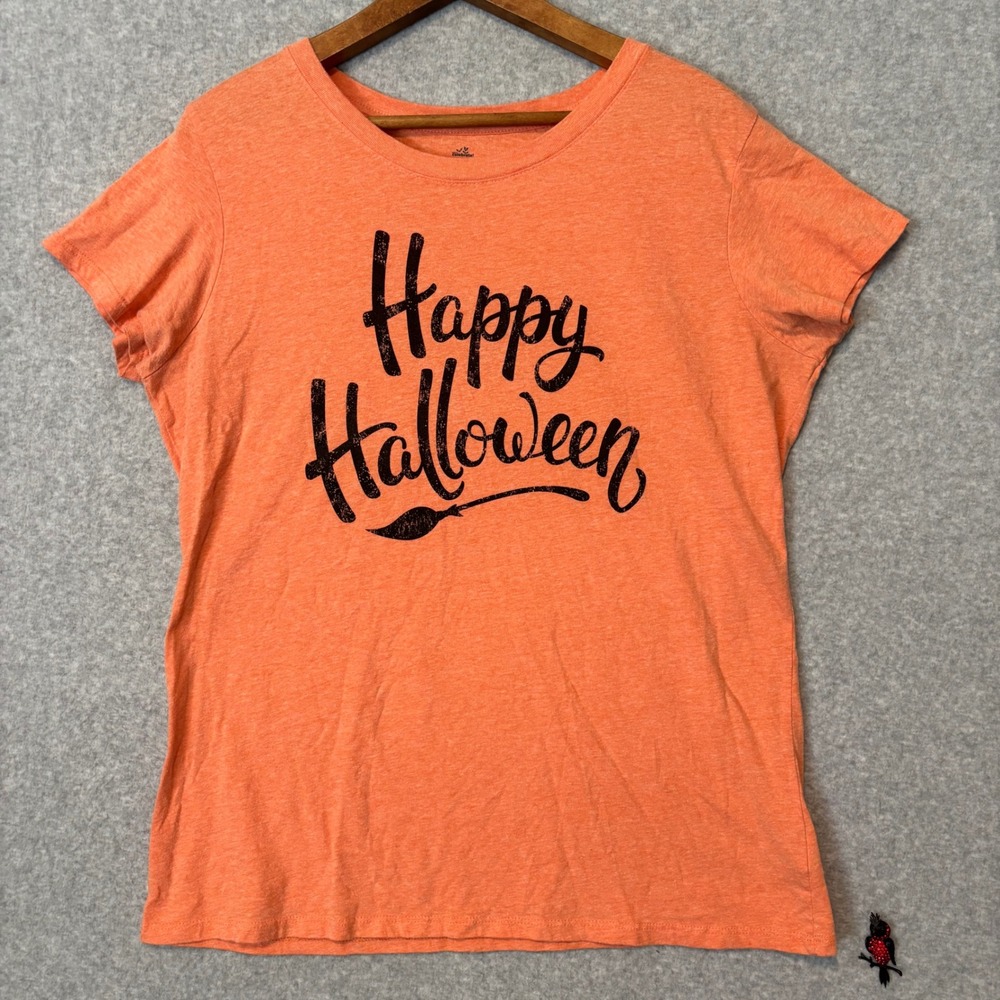 Way To Celebrate Women's XL Graphic Tee Happy Halloween Orange Witch Broom Party